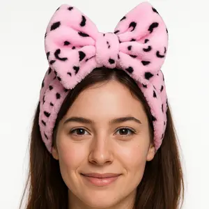 Super Soft Microfiber Fleece Bow Headband, Pink Leopard Print for Makeup & After Shower, Elastic band, Women and Girls Fashion Headband, Caroset Material