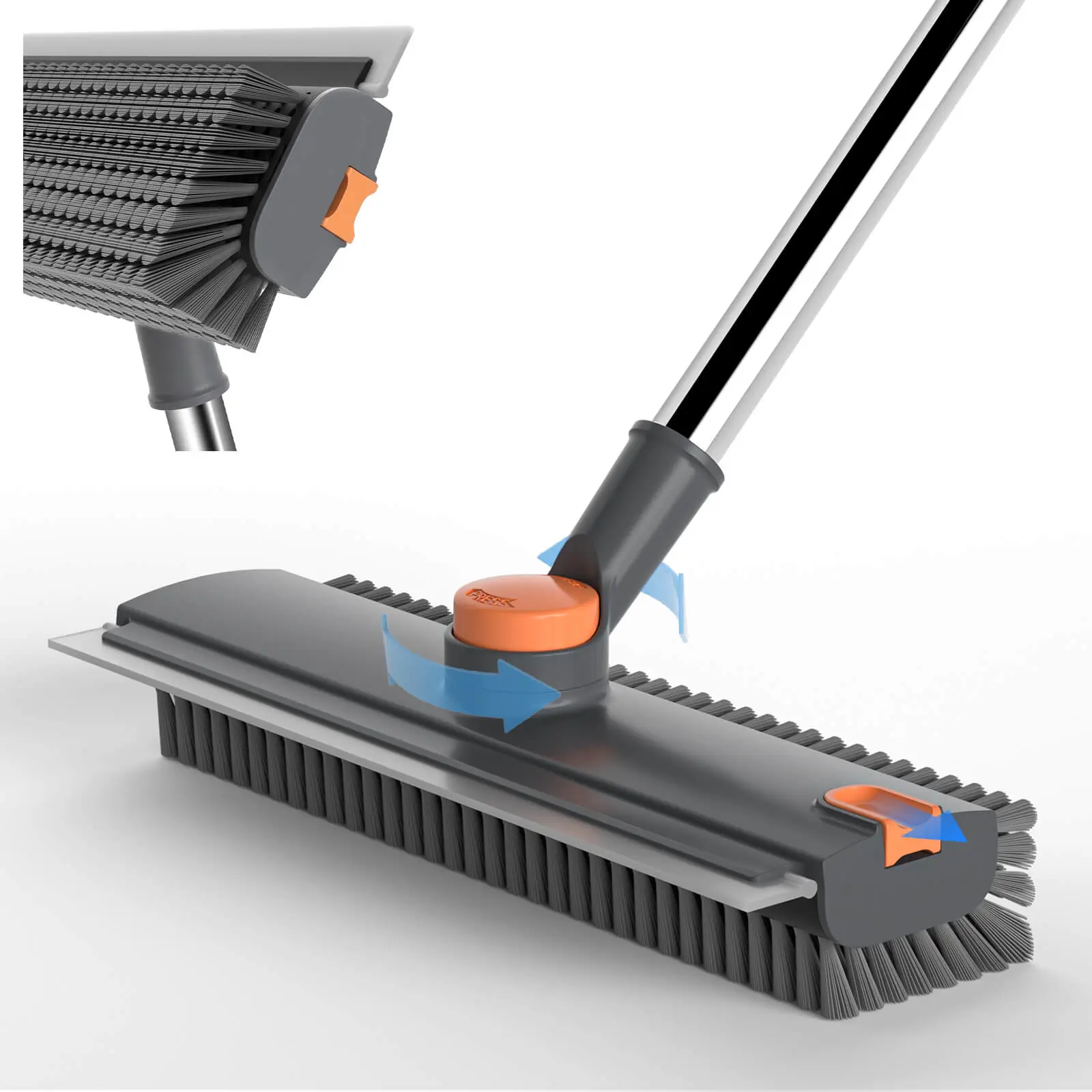 GLUMZRK 3-in-1 Durable Rotatable Long-Handled Floor Scrub Brush with Bristle & Silicone Squeegee - 16"-52" Adjustable Stainless Steel Handle, Smooth 360° Full Rotation, ABS Multi-Surface Home Supplies House Cleaning Tool for Tile, Glass