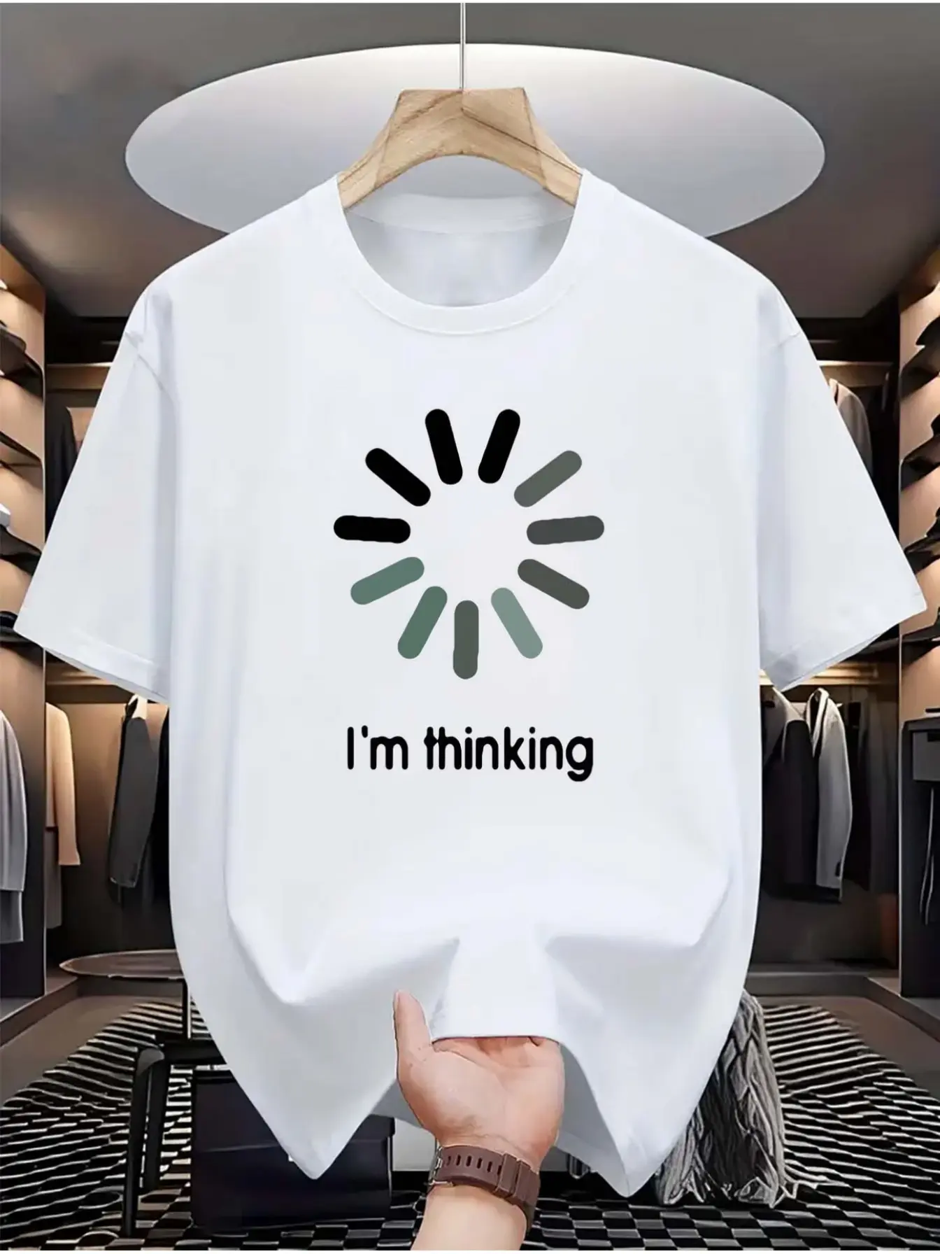 Men's T-Shirt, Lightweight Breathable Casual Summer Shirt with "I'm Thinking" Loading Icon Print, Suitable for Tech-Themed Outfits and Casual Attire, Machine Washable Round Neck Top, Black & White, Crew Neck