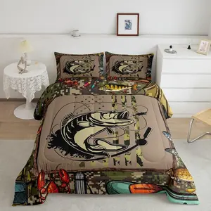 Fishing and Hunting Comforter Set,Camo American Flag Fishing Bedding Set for Teen Boys Men Fishermen,Rustic Big Bass Pike Fish Bed Comforter Sets