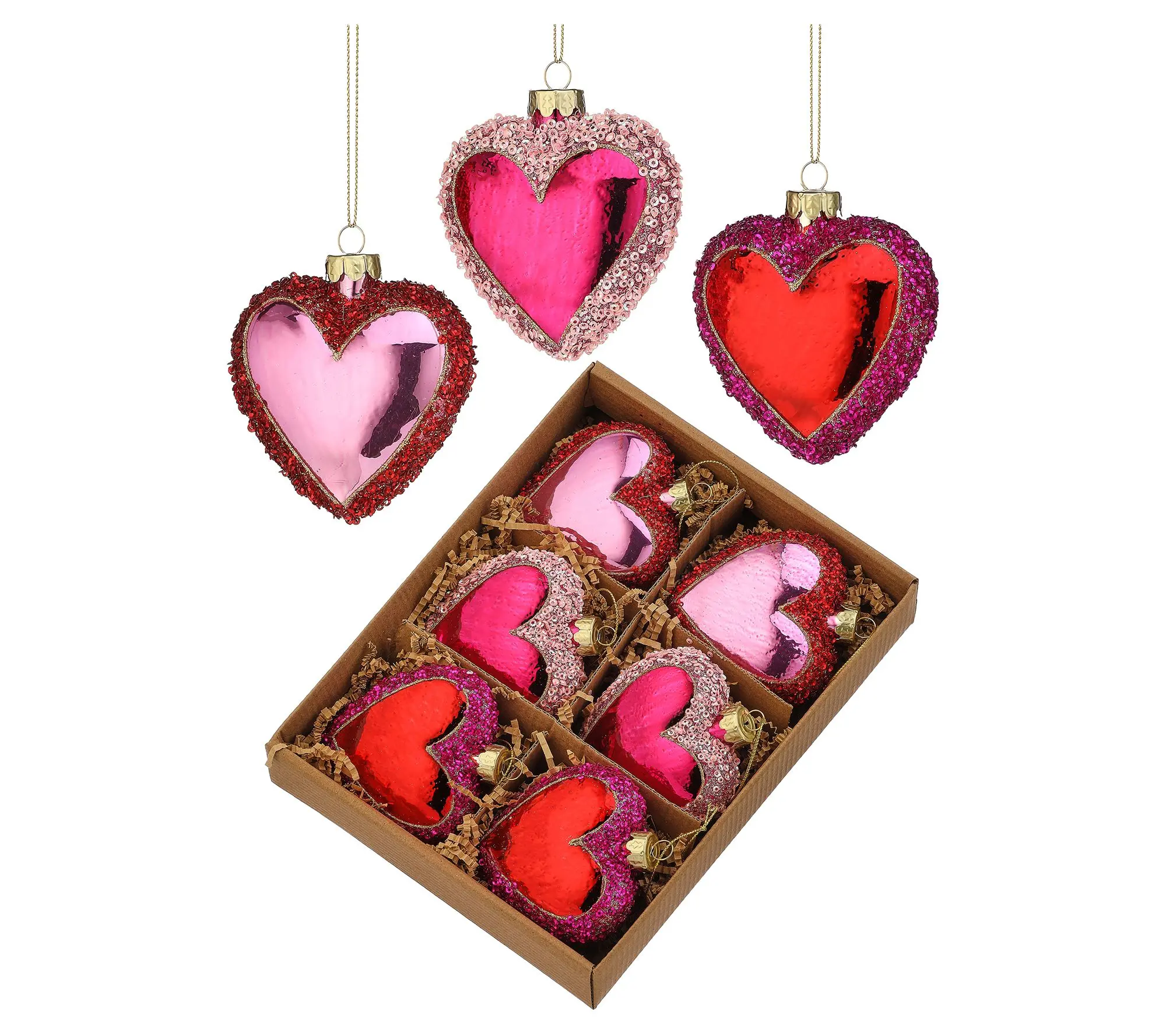 3" Glitter Glass Sequin Heart Ornament Box of 6 by Valerie