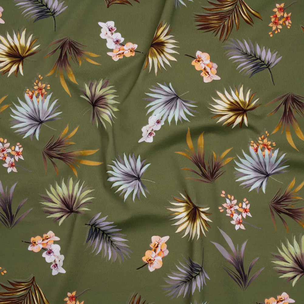 Stretch Nylon Jersey - Olive Green, Yellow and Orange Palm Leaves and Orchids - Designer Deadstock
