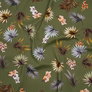 Stretch Nylon Jersey - Olive Green, Yellow and Orange Palm Leaves and Orchids - Designer Deadstock