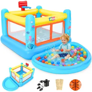 AKEYDIY Inflatable Bounce House with Air Pump for Kids 3-6, Durable PVC Trampoline with Large Jumping Area, Basketball Hoop, Game Map, Indoor/Outdoor Play, Birthday Gifts for Kids