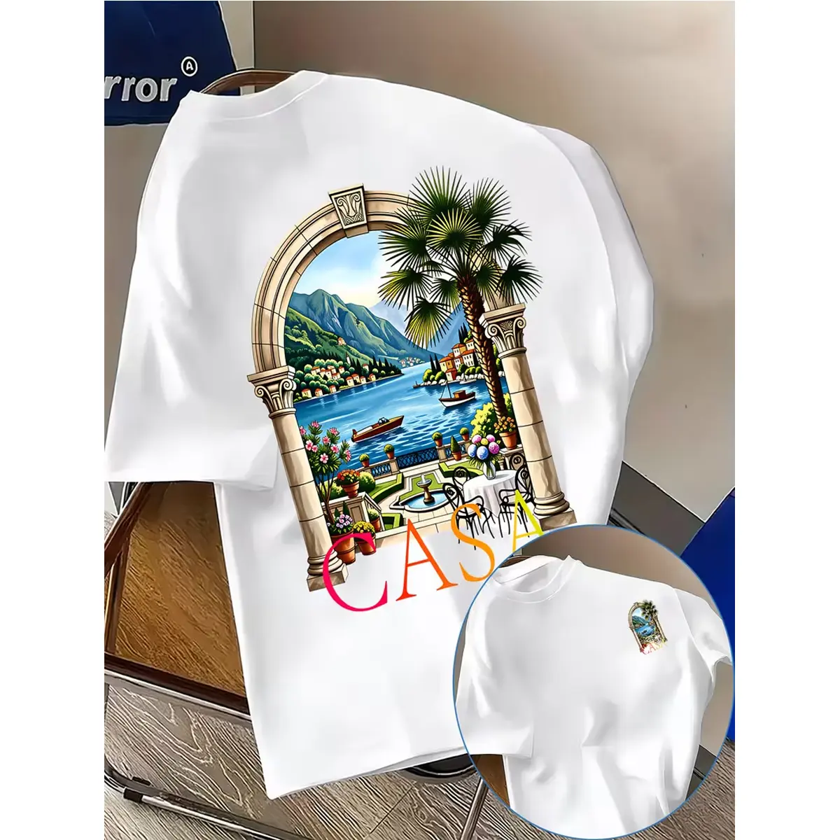Unisex Loose-fit Basic Short-sleeve Tee Featuring "CASA" Landscape Print Shirt, Skin-friendly, Breathable Crew-neck Top-Versatile for Vacation Casual Wear