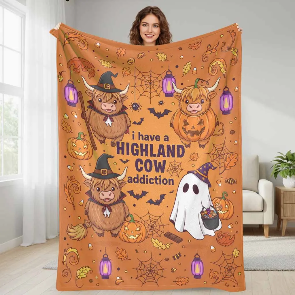 Highland Cow Halloween Flannel Blanket I Have A Highland Cow Addiction Pumpkin Ghost Bat Web Print Soft Warm Cozy Plush Throw For Sofa Bed Couch Halloween Party Farmhouse Gift