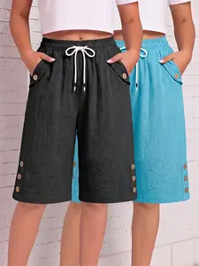 Women's Breathable Crinkle Knee-Length Shorts, Elastic Waist Drawstring Casual Bermuda Trousers with Side Slit Details