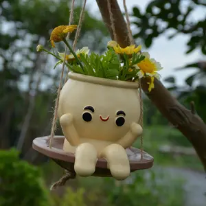Cute Swinging Chair Resin Plant Pot with Painted Effect, Creative Hanging Planter, Indoor Outdoor Garden Decor, Home Office Gift