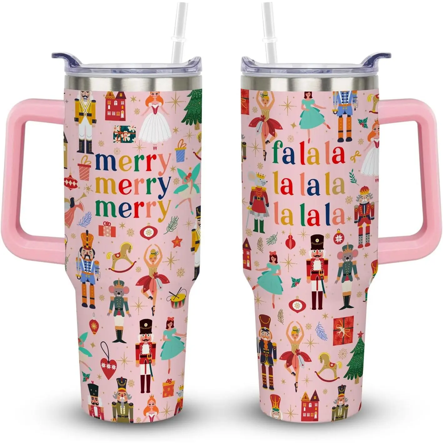 40 oz Reusable Stainless Steel Insulated Vacuum Flask Tumbler - Nutcracker Christmas Themed, Portable with Handle, Lid, Straw, Ballet Gift for Dancers (Pink, 1 Piece), Flasks