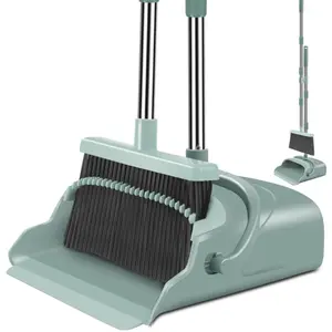 Upgraded Broom and Dustpan Set, Large Size and Stiff Broom Dust pan with Long Handle, Upright,Ideal for Indoor Outdoor Garage Kitchen
