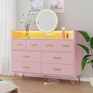 ​Pink Modern 8-Drawer Dresser with Charging Station & RGB Lights | Wide Bedroom Dresser Chest with 3 Outlets + 2 USB Ports, App-Controlled LED Lighting for Gaming Setup & Makeup Vanity Storage Furniture