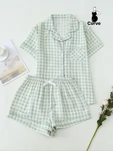 Women's Plus Size Plaid Pajama Set, Summer Short Sleeve Button Front Top & Bow Shorts, Casual Home Wear Loungewear, Comfortable Woven Fabric