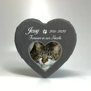 Personalized Pet Memorial Plaque for Dog or Cat | Floral Slate Heart Grave Marker with Paw Print, Photo, Name & Dates