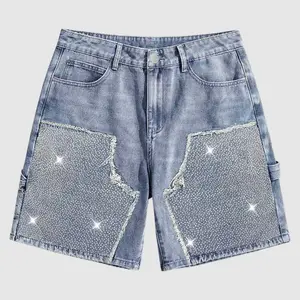 Men's Cotton Y2K Rhinestone Patchwork Denim Shorts, Retro Light Blue Washed Baggy Jean Shorts with Sparkly Crystal Studded Panels & Frayed Edges, Grunge Streetwear Casual Jorts for Men