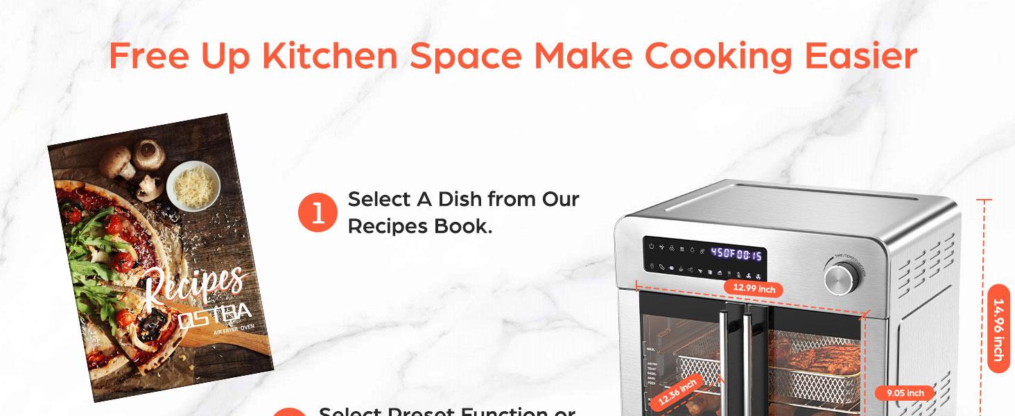 OSTBA French Door Air Fryer Toaster Oven Combo, 102 Recipes & 7 Accessories Extra Large Airfryer Convection Oven Countertop 10-in-1, 95% Less Oil, Fast & Crispy Cooking, Easy to Clean, Recipes