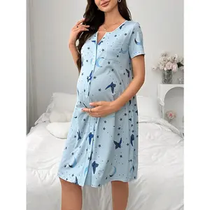 Summer casual blue maternity dress, stretchy and comfortable sports dress, maternity sleepwear and loungewear