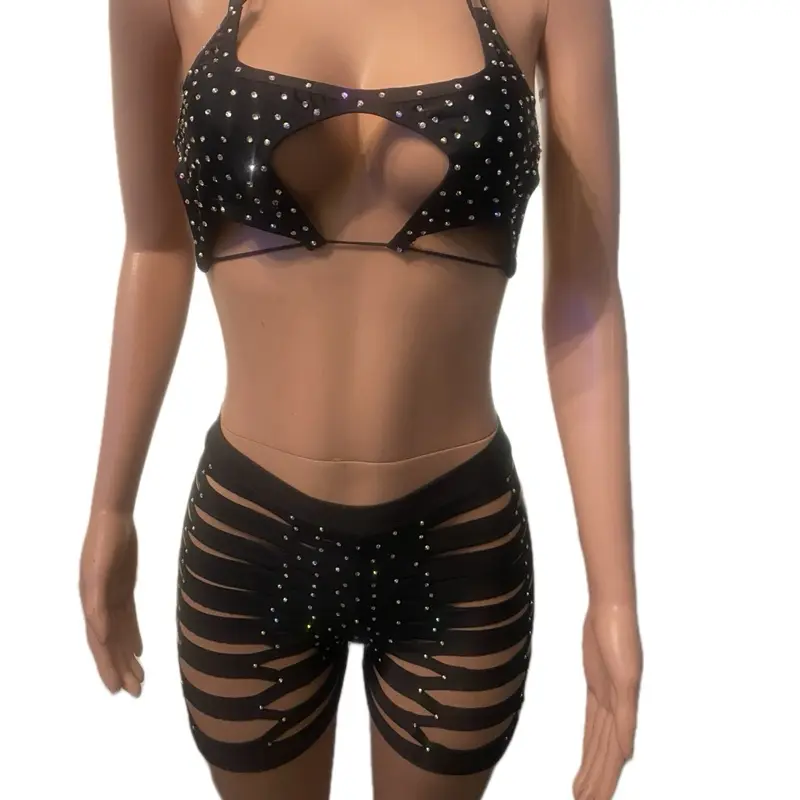 Star Me Black Rhinestone Bra & Cut-Out Shorts Set for Women's Fashion