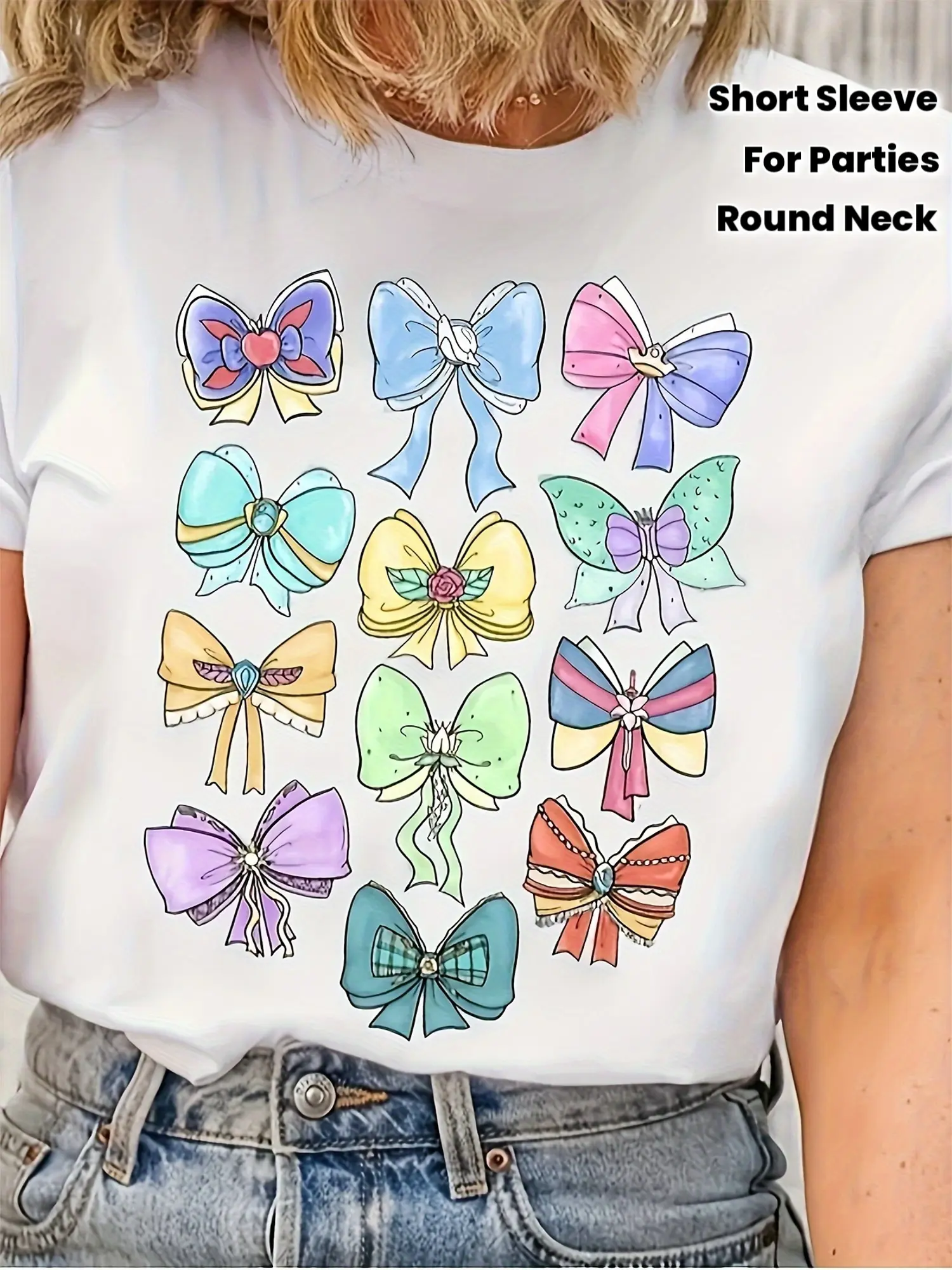 Light Pink Blue Yellow Ribbon Bow T-Shirt - Princess Style Short Sleeve Round Neck Top with Bow Decoration, Casual Spring Summer Party Outfit, Theme Activities And Daily Wear