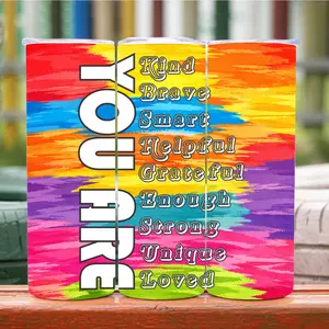 Affirmation Tumbler 20oz 30oz | You Are Kind Brave Smart Strong Loved | Colorful Teacher Mom Gift Cup