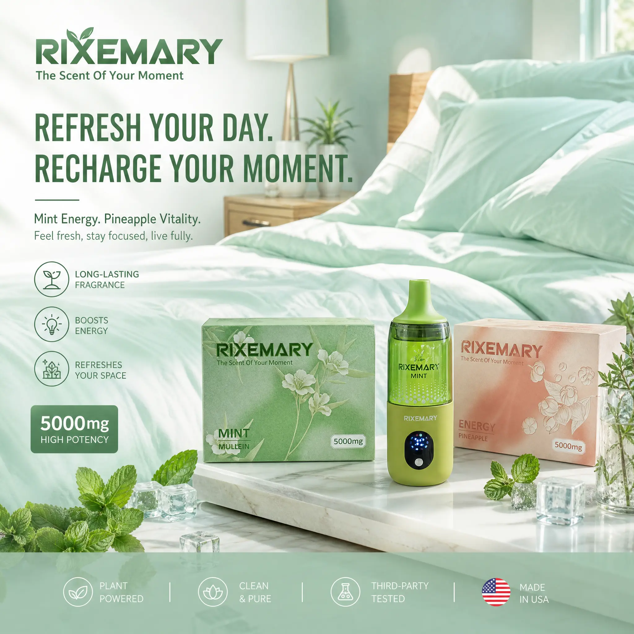 The mint aromatherapy diffuser is suitable for travel, office, and car use. It is a portable aromatherapy device that can be used for air purification and lung comfort relief.