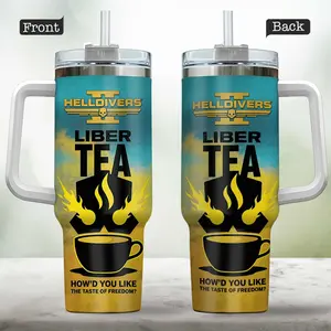 Helldivers 2 Taste of Freedom Tumbler with Handle, Vacuum Insulated Travel Mug, Liber-Tea Blue/Yellow 40oz - scs17973