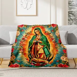 Virgen de Guadalupe Blanket Manta de la Virgen Maria Prayers Blanket Mary Mother of God Jesus Catholic Throw Blanket Cozy Soft for Couch Sofa ​Bed Christmas Decor 40X50  bed comforter set Themed Velvet