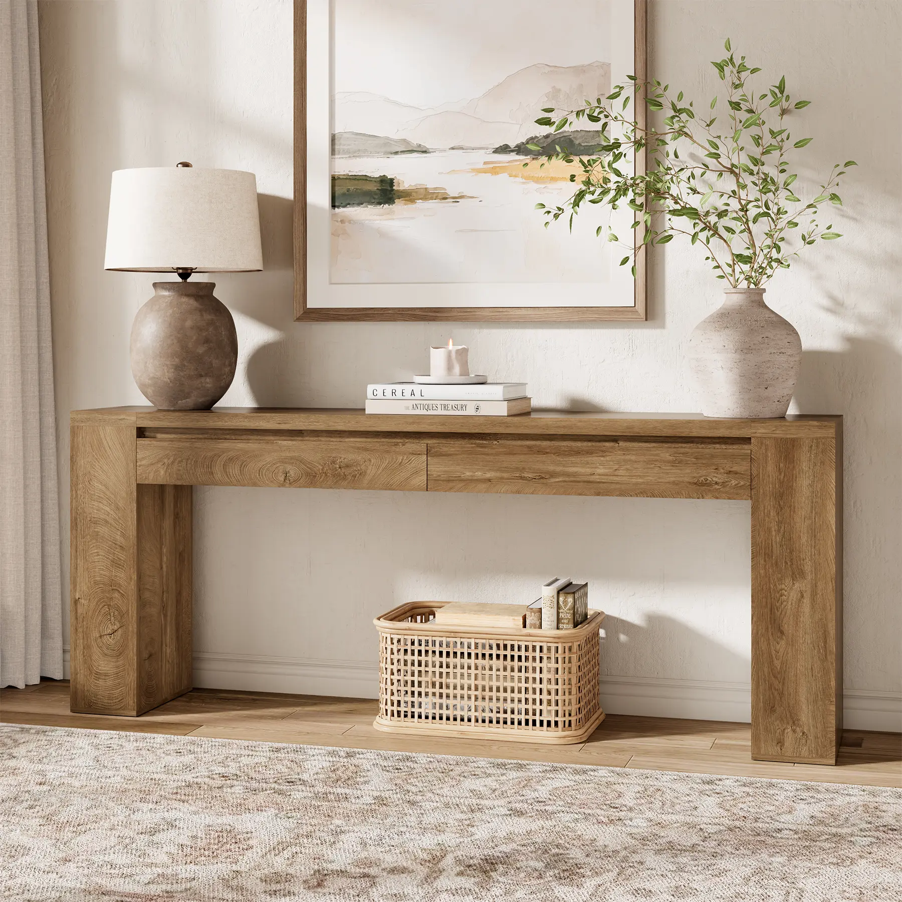 78 Inch Console Tables for Entryway with 2 Drawers Natural Oak | Farmhouse Behind Couch Table with Storage, Extra Long Entryway Table Design for Living Room, Hallway, Entrance