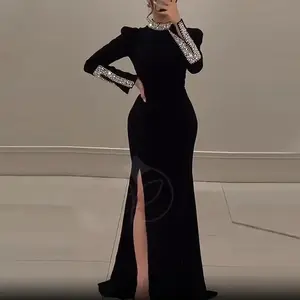 Women Elegant Solid High Slit Party Dress Temperament Long Sleeve Slim Evening Gala Dress Turtleneck Rhinestone Banquet Dresses(Raincoats)