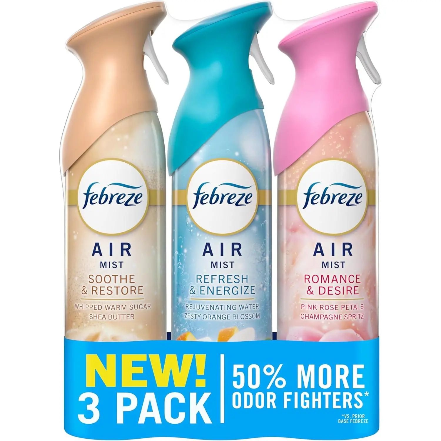 Febreze Air Mist, Air Freshener, Odor Fighting Room Spray, Deodorizer for Home Bathroom Kitchen Office Apartment, Soothe & Restore, Refresh & Energize, Romance & Desire Variety Pack, 8.1oz (Pack of 3)