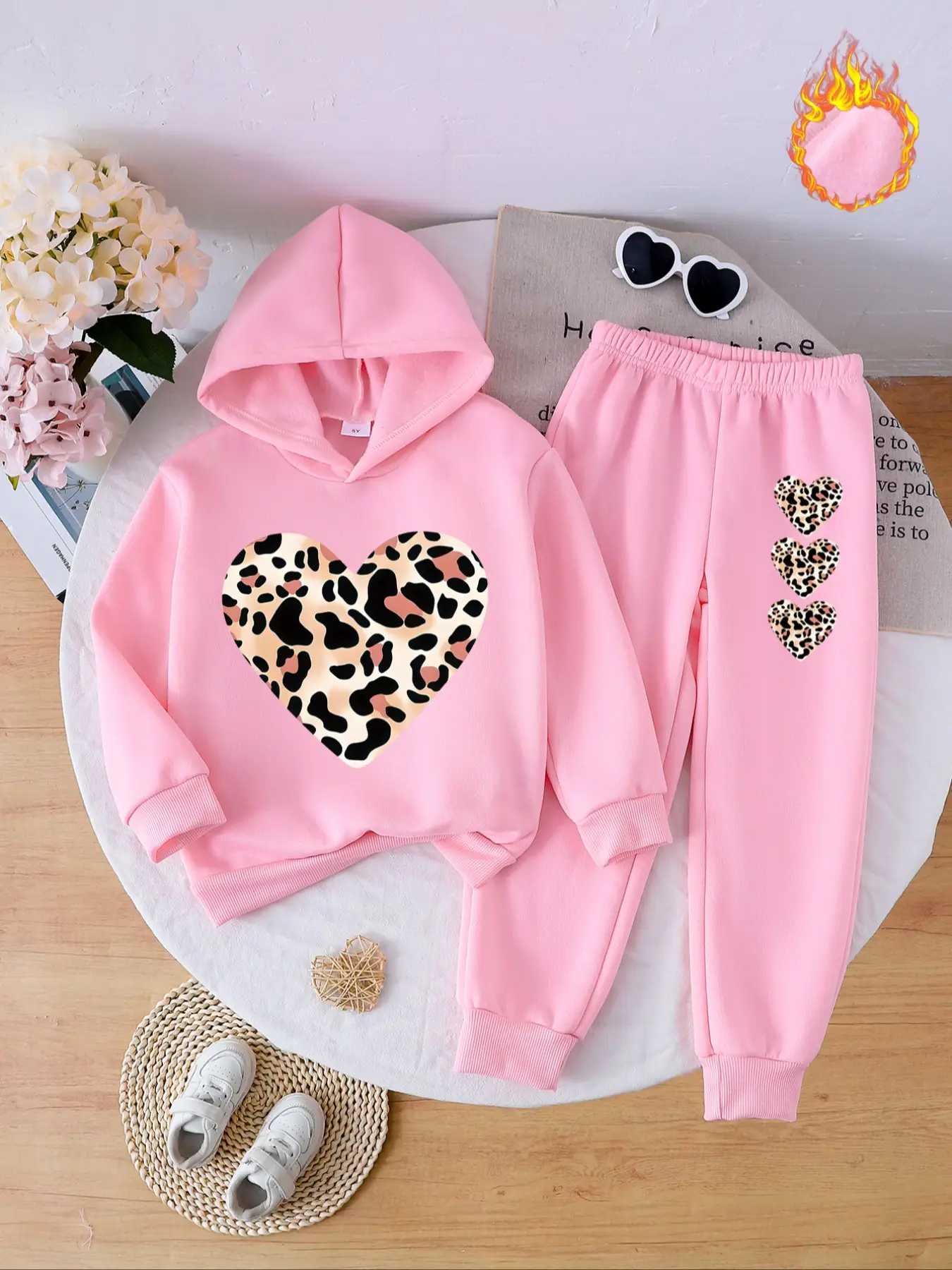 Autumn Winter Girls' Fleece Set, Sweet Cool Leopard Heart Print Hoodies & Drawstring Pants Two-Piece for School, Play, Party, Baby Girl Clothes