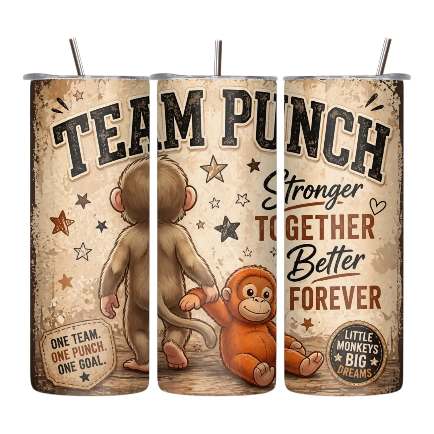 20oz Solid Rustic Skinny Tumbler Flask - 1,000-2,000 ml, Animal Monkey Design, Lid & Straw, Casual Kitchen Drinkware for Friends, Coaches, Animals, Teamwork