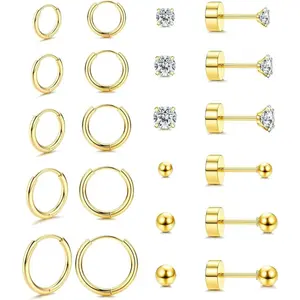 CASSIECA Women's Plated Steel Cubic Zirconia Studs - Flatback Stud Earrings, Stainless Steel Huggie Hoops, Multi-Size Stackable Tiny Balls Cartilage Jewelry, Lightweight Earring Stack for Multiple Piercings, Anti Tragus Daily Accessory