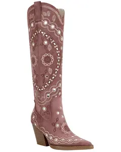 Azalea Wang Women's Aamina Embellished Tall Western Boot Round Toe - Aamina-Pink