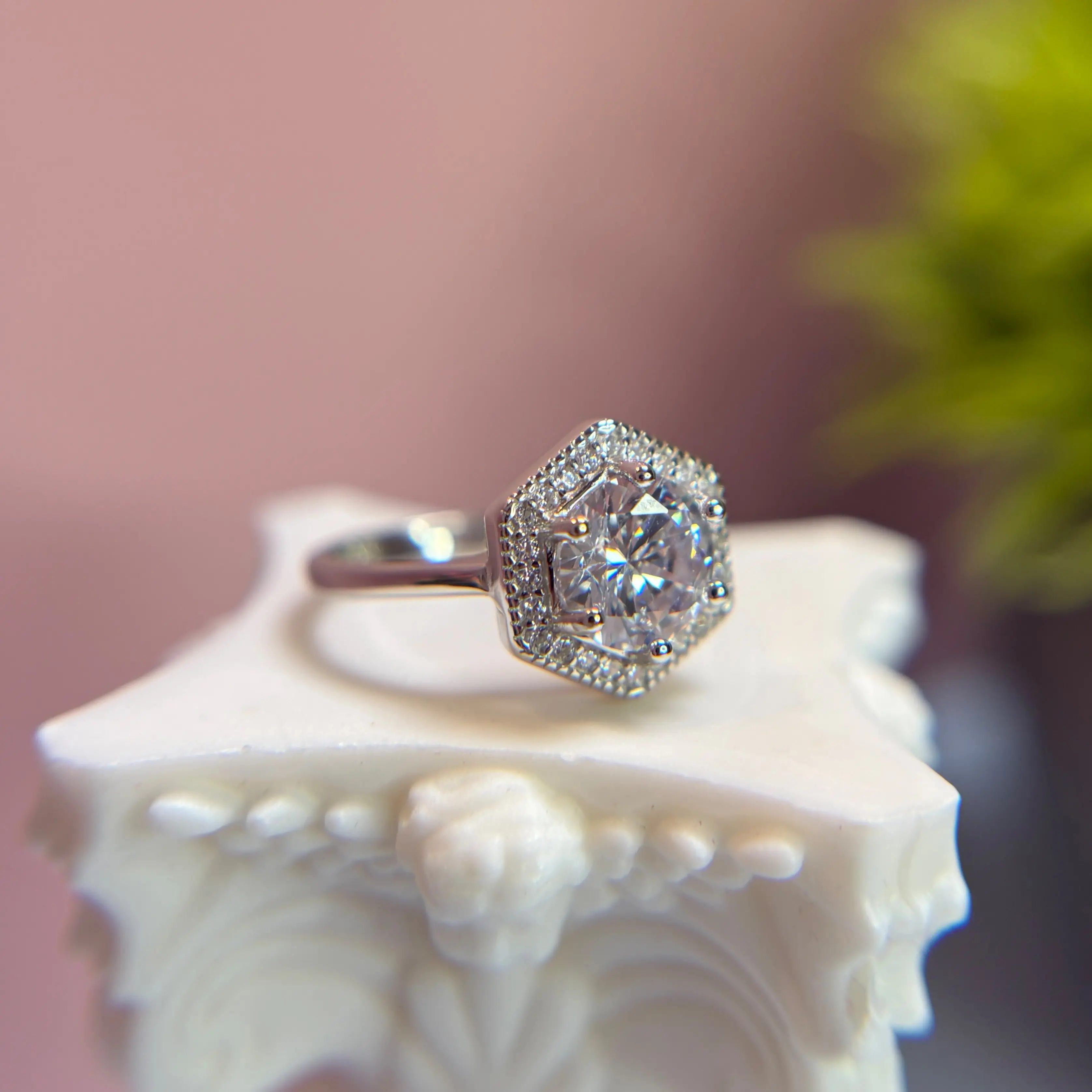 Hexagon Wedding Ring - 925 Sterling Silver Ring with Cubic Zirconia Stones