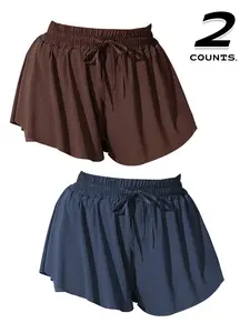 2 Pack Women's Running Shorts with Pockets, 2-In-1 Butterfly Skirt Design, Elastic Waistband, Sports Fitness Training Casual Wear, Elastic Waist Skorts