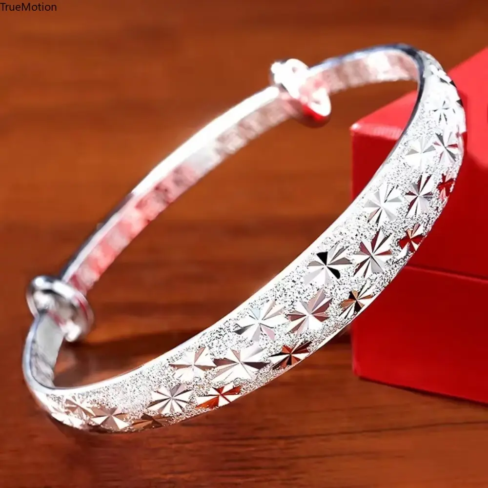 925 Sterling Silver Push-Pull Adjustable Bangle - Romantic Gypsophila Star Bracelet for Women Party Wedding Jewelry