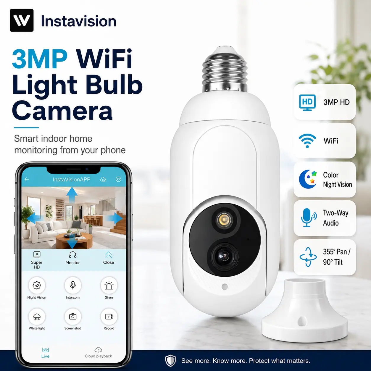 3MP WiFi Light Bulb Security Camera, 355° Pan 90° Tilt Indoor Home Camera with Color Night Vision, AI Human Detection, Motion Alerts, Two-Way Audio, 2.4GHz WiFi, E27 Socket, microSD & Optional Cloud Storage