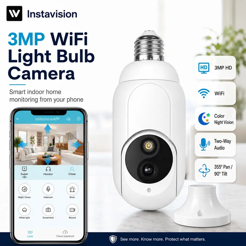 Light Bulb Security Camera 1080p, Pan & Tilt, 4x Digital Zoom, Color Night Vision, Built-in Spotlight, 2.4GHz Wi-Fi, microSD Recording (Card Not Included), Motion Alerts, E27 Base