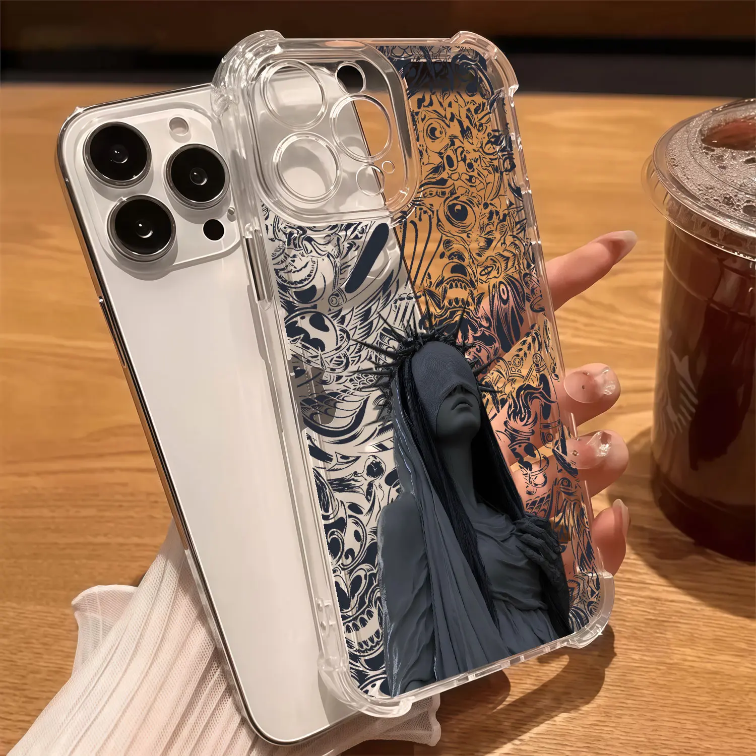 Gothic Dark Art Blindfolded Clear Corner Bumper Air Cushion For iPhone 17 Pro Max 16Plus 15Pro 14 13 12 11 X XS Max For Samsung Galaxy A14 A15 A16 A24 A25 A34 A53 A54 A03 A04 A05 A06 For Moto G30 G52 G54 G84 Phone Case,Shockproof Anti-Drop#YGSJFSTMTKKSN1
