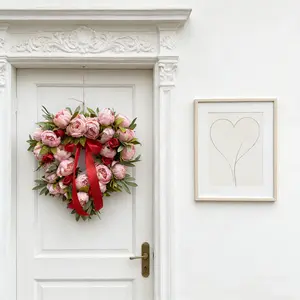 Realistic Peony & Rose Flower Wreath, Valentine's Day Floral Decor, Satin Bow, Perfect for Wedding & Living Room Porch Decoration, Front Door Wreath