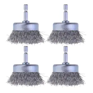 4 count Wire Cup Brush Set for Drill,  Wire Brush for Drill 1/4 Inch Hex Shank, 0.010 Inch Coarse Carbon Steel Drill Wire Brush, Wire Brush Drill Attachments Rust RemovalQuesear