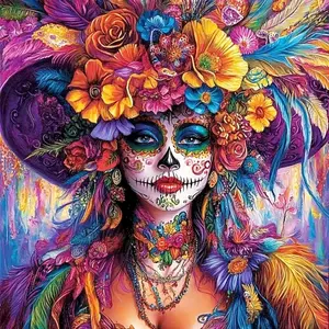 Day of the Dead Sugar Skull Woman with Floral Feather Headdress 5D Full Drill Diamond Painting Kit Mexican Folk Art Dia de los Muertos Portrait DIY Cross Stitch Mosaic Craft Vibrant Home Wall Decor Handmade Gift for Cultural Art Lovers