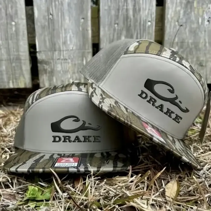 6 Design Drake Logo Camo Trucker Hat | Old School Bottomland 7 Pannel Snapback Cap | Embroidered Hunting Hat