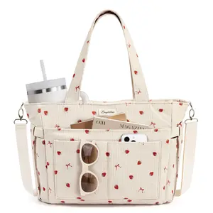 Bagstellar Corduroy Tote Bag for Women, 15.6 inch Laptop Work Tote Bags for School College with Large Cup Holder, Durable Zipper Corduroy Casual Tote Purse Shoulder Handbags for Women Work, Daily, Travel, Gym