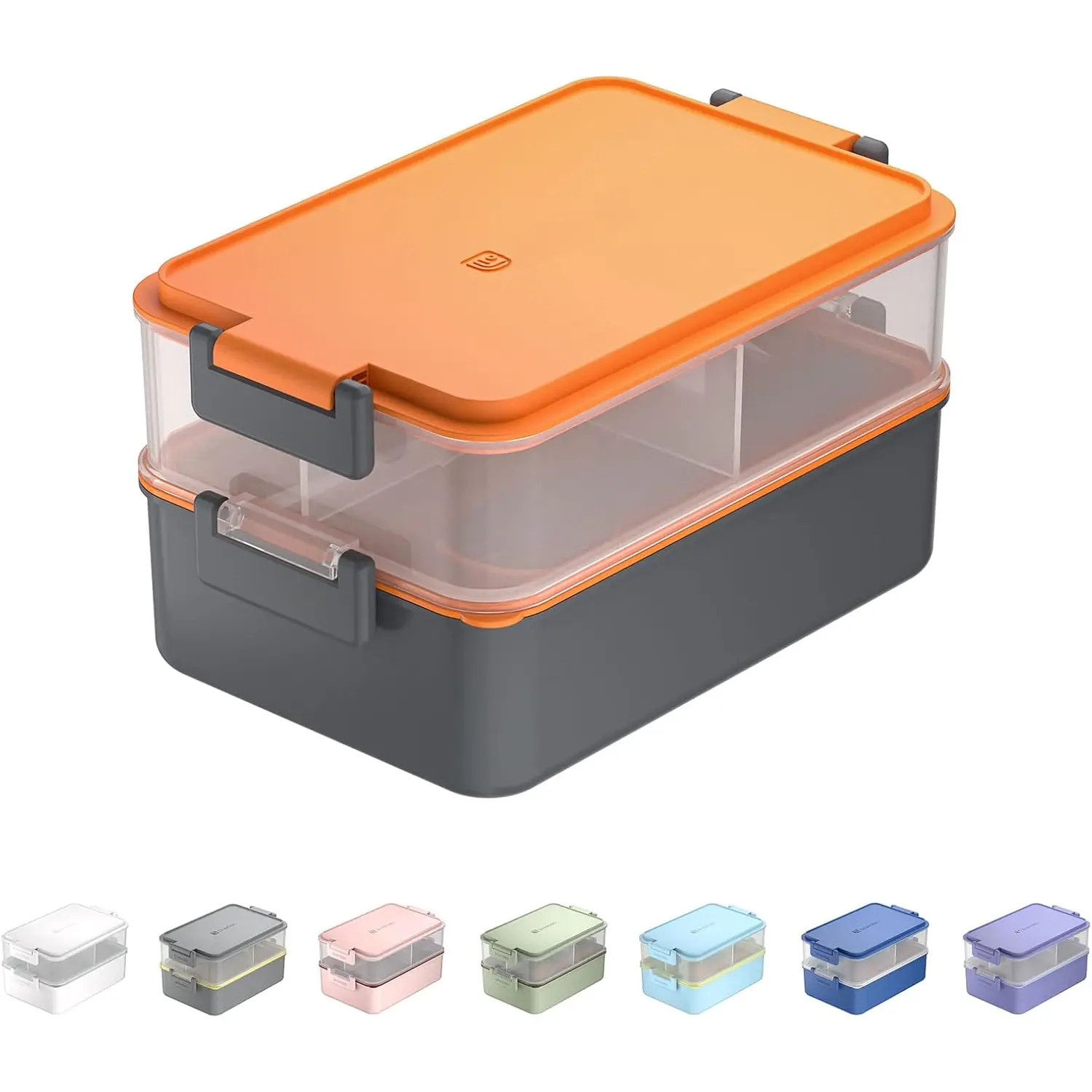 Modern Synthetic 3-Compartment Leakproof Plastic Stackable Bento Lunch Box for Adults - European Kitchenware with Fork-Included Utensil Set, Sauce Cups, Dressing Containers - Lava Orange (Ideal for On-the-Go Needs), Frozen Berry, Clips