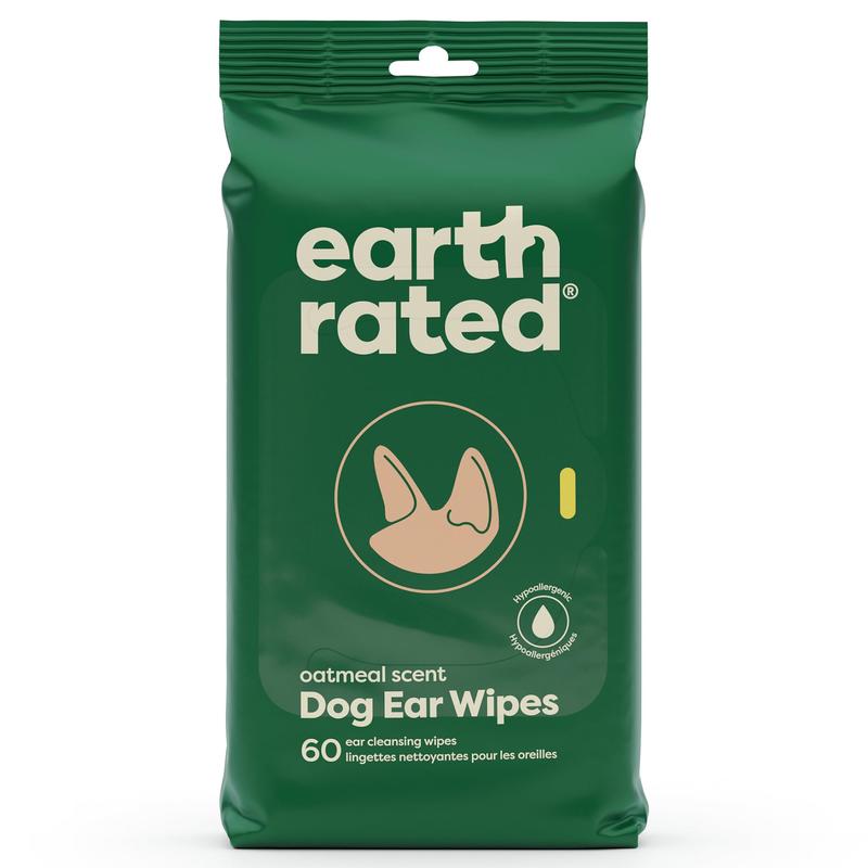 Earth Rated | Dog Ear Wipes Oatmeal Scented Hypoallergenic Plant Based 60 Count for Grooming, Removal of Dirt, Wax Build Up with Calming Aloe Vera Chamomile