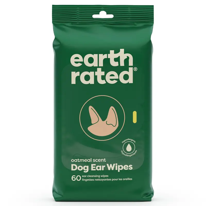 Earth Rated | Dog Ear Wipes Oatmeal Scented Hypoallergenic Plant Based 60 Count for Grooming, Removal of Dirt, Wax Build Up with Calming Aloe Vera Chamomile