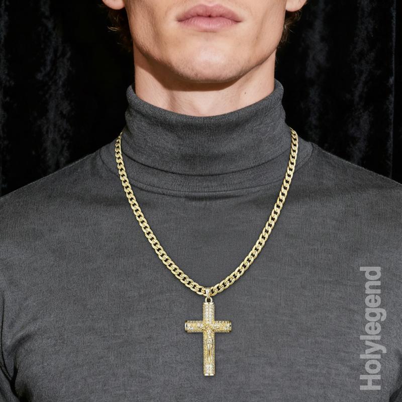 Holylegend 14K Real Gold-Plated Cross Necklace for Men, Advanced Nanotech Tarnish-Free Cuban Figaro Rope Miami Chains with Jesus Crucifix Pendant, 24” Long , Christian Religious Jewelry Gift