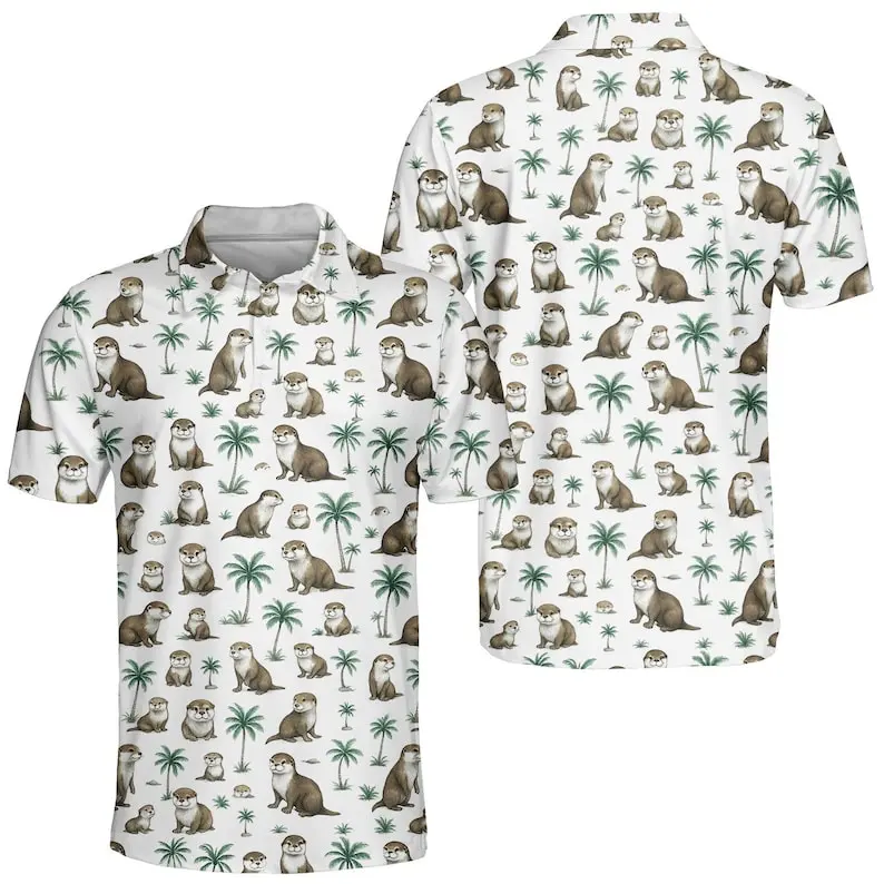 Otter Polo Golf Shirt for Men and Women, Cute Otter Beach Shirt Button Up, Tropical Polo for Summer, Fun Animal Print Shirt Short Sleeve