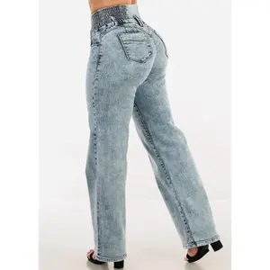 MX JEANS Push Up 3 Button Spandex Waist Straight Wide Leg Jeans Acid Wash